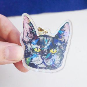 Black Cat Holographic Keychain, Black Cat Small Gift, Holo Pet Keyring